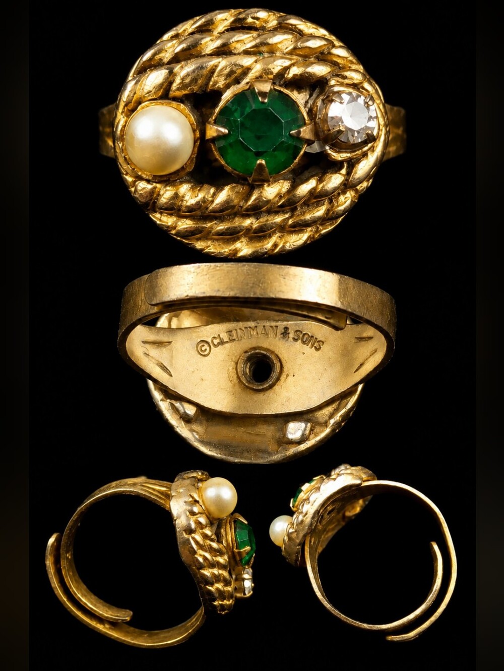 Vintage 1950s 60s Cleinman & Sons Adjustable Cocktail Ring Green Rhinestone Pear
